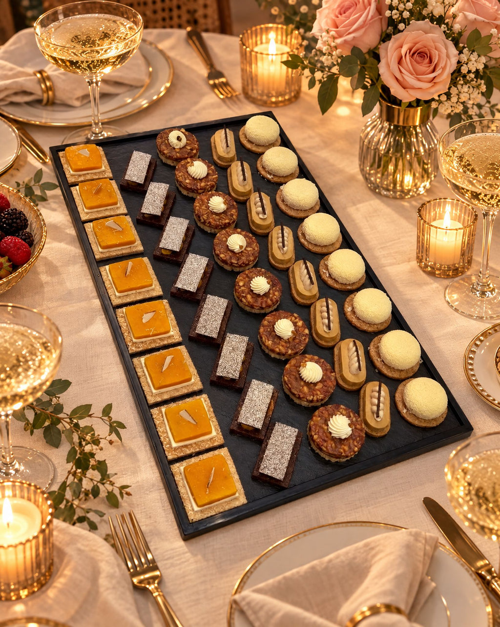 Mixed medium dessert platter on an elegant Parisian dinner party table