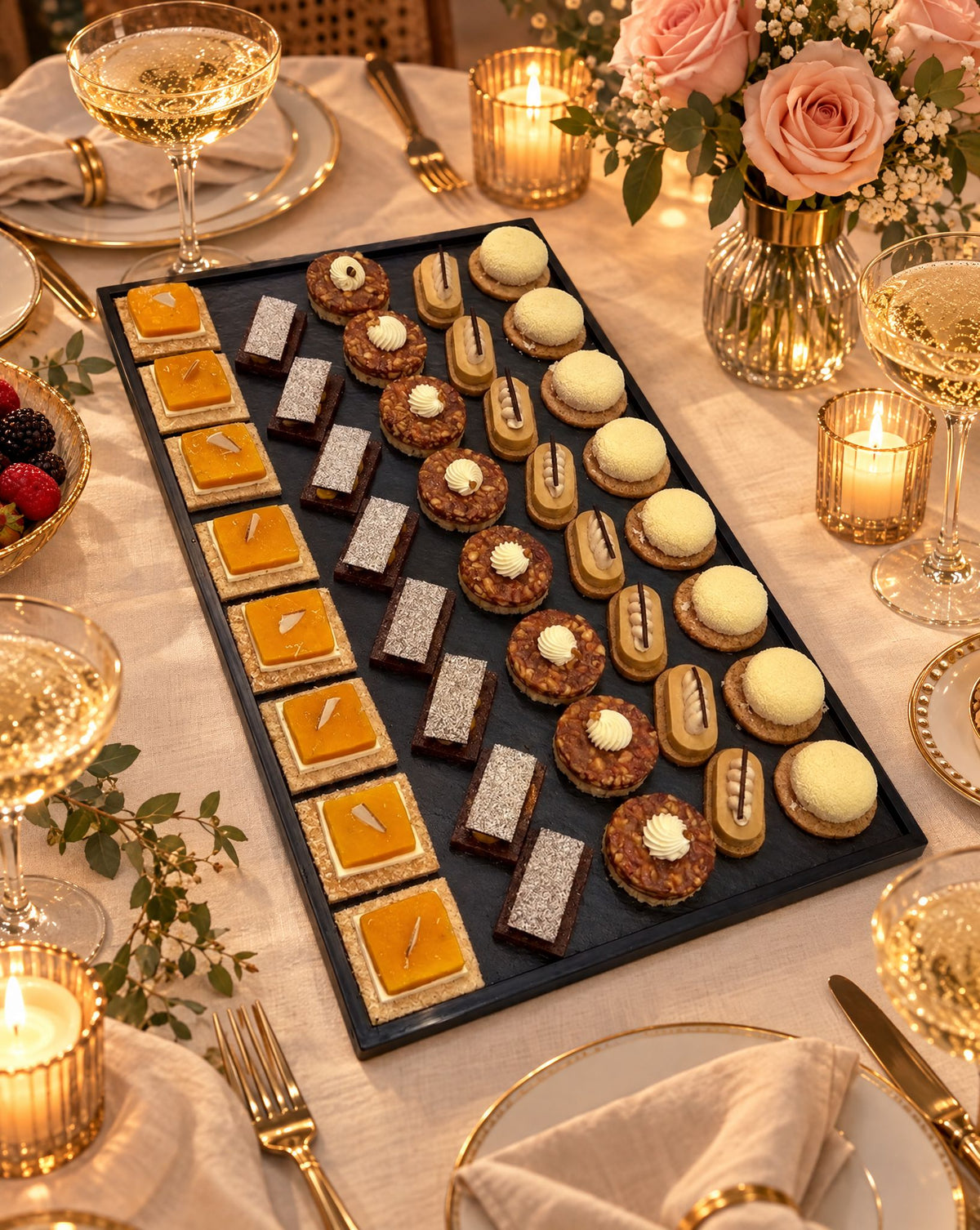 Mixed medium dessert platter on an elegant Parisian dinner party table