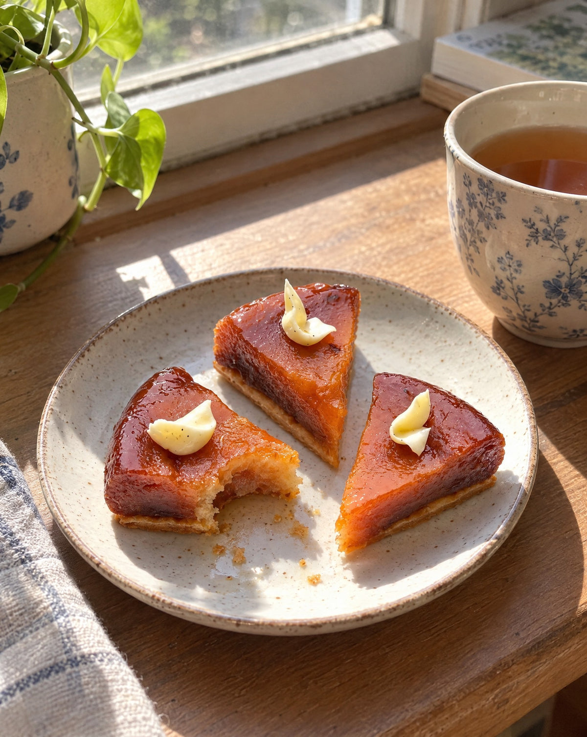 Mini tarte tatin with tea by a sunny window