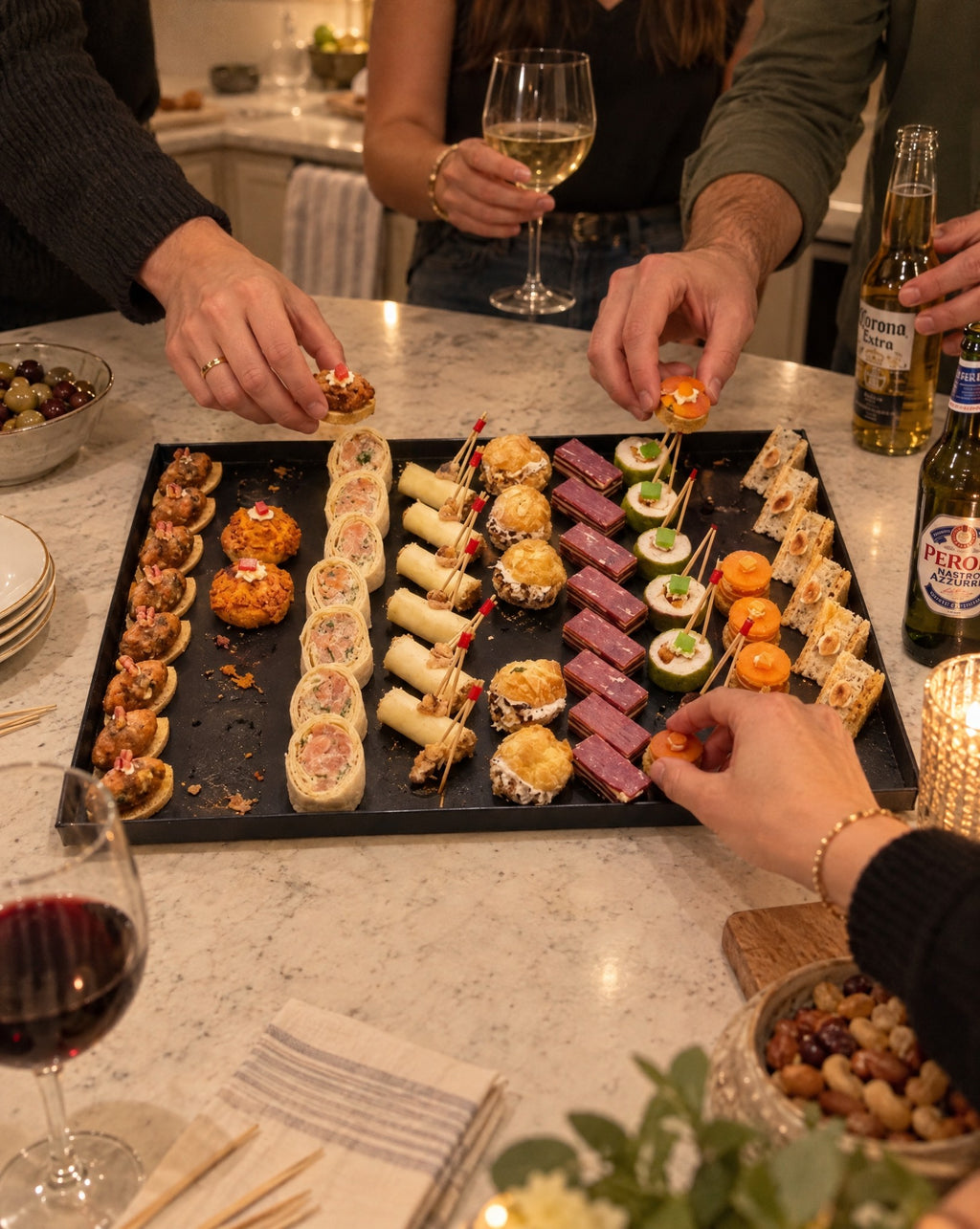 Savory canape platter at a house party