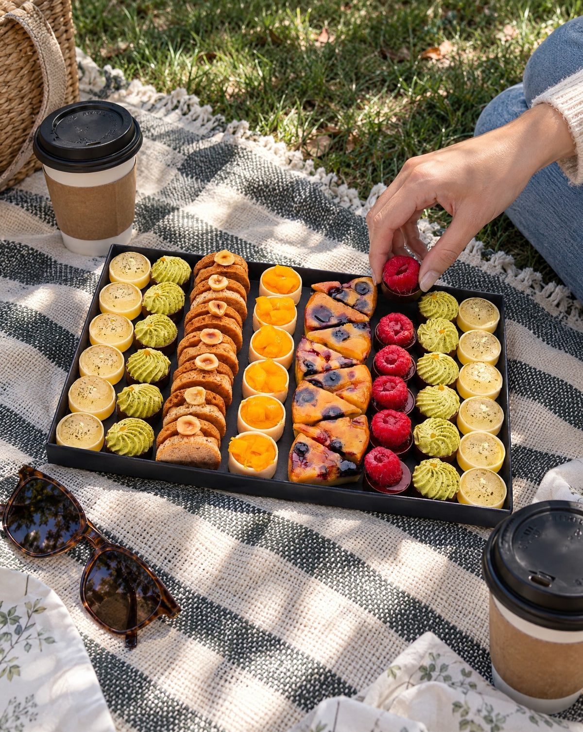 Gluten free petit four platter at a park picnic