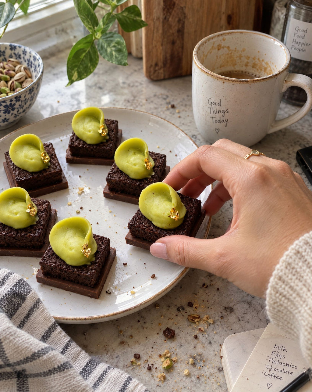 Mini Dubai chocolate petit fours on a kitchen counter