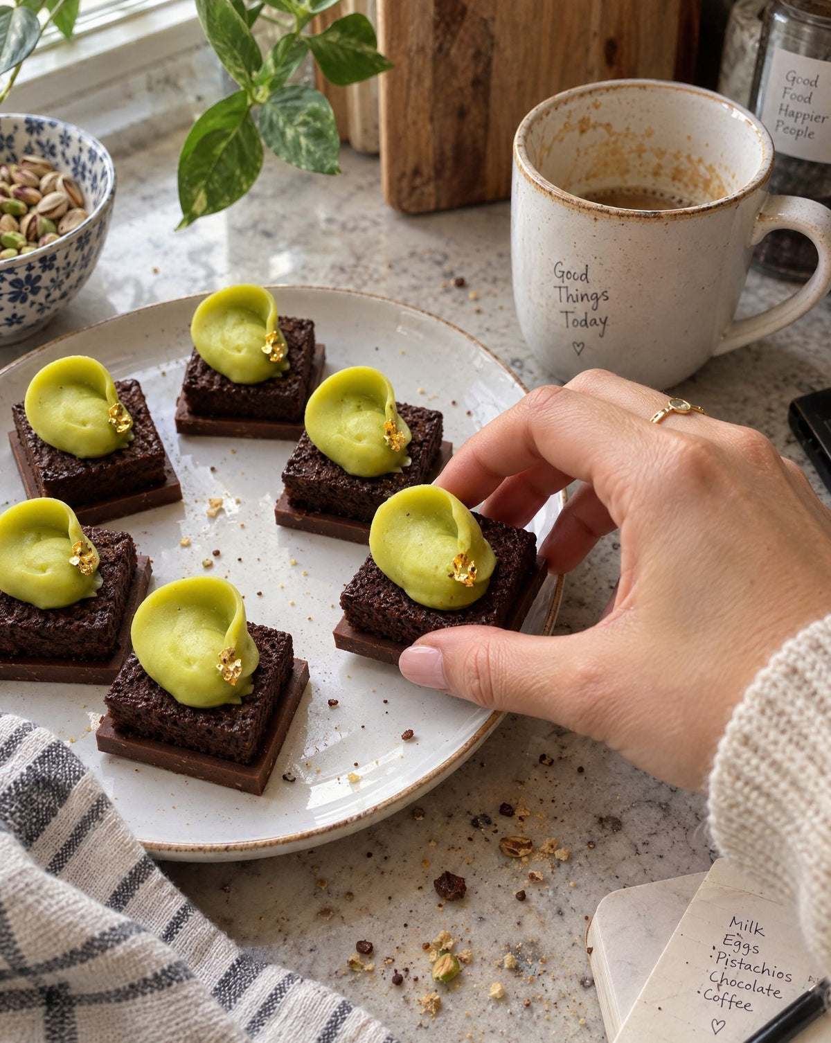 Mini Dubai chocolate petit fours on a kitchen counter