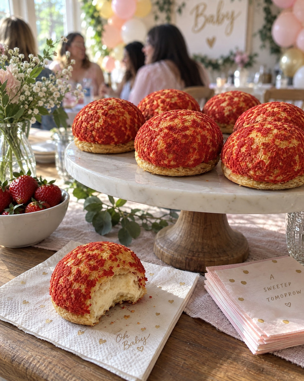 Strawberry vanilla puffs at a baby shower