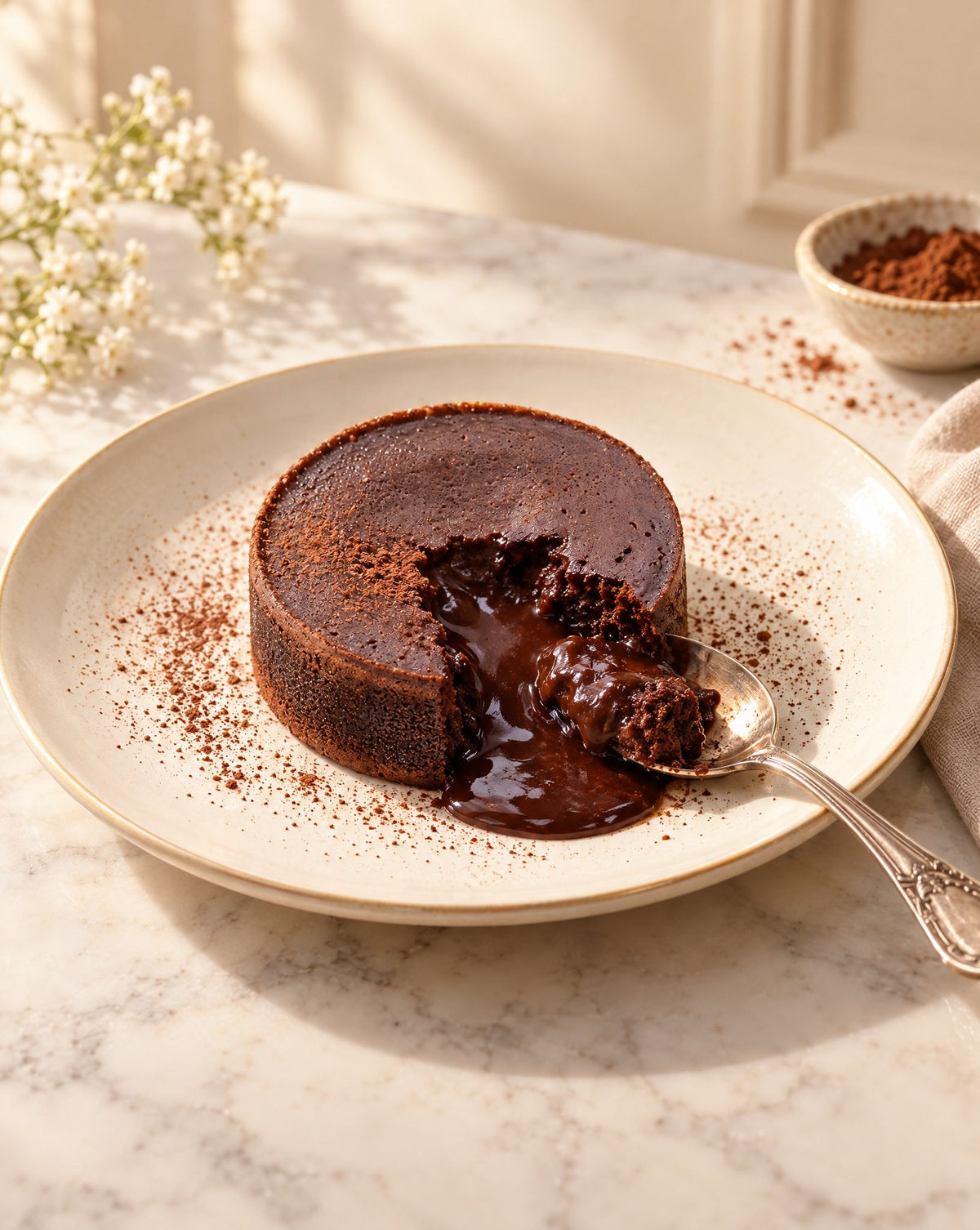 Chocolate lava cake cut open with molten chocolate center