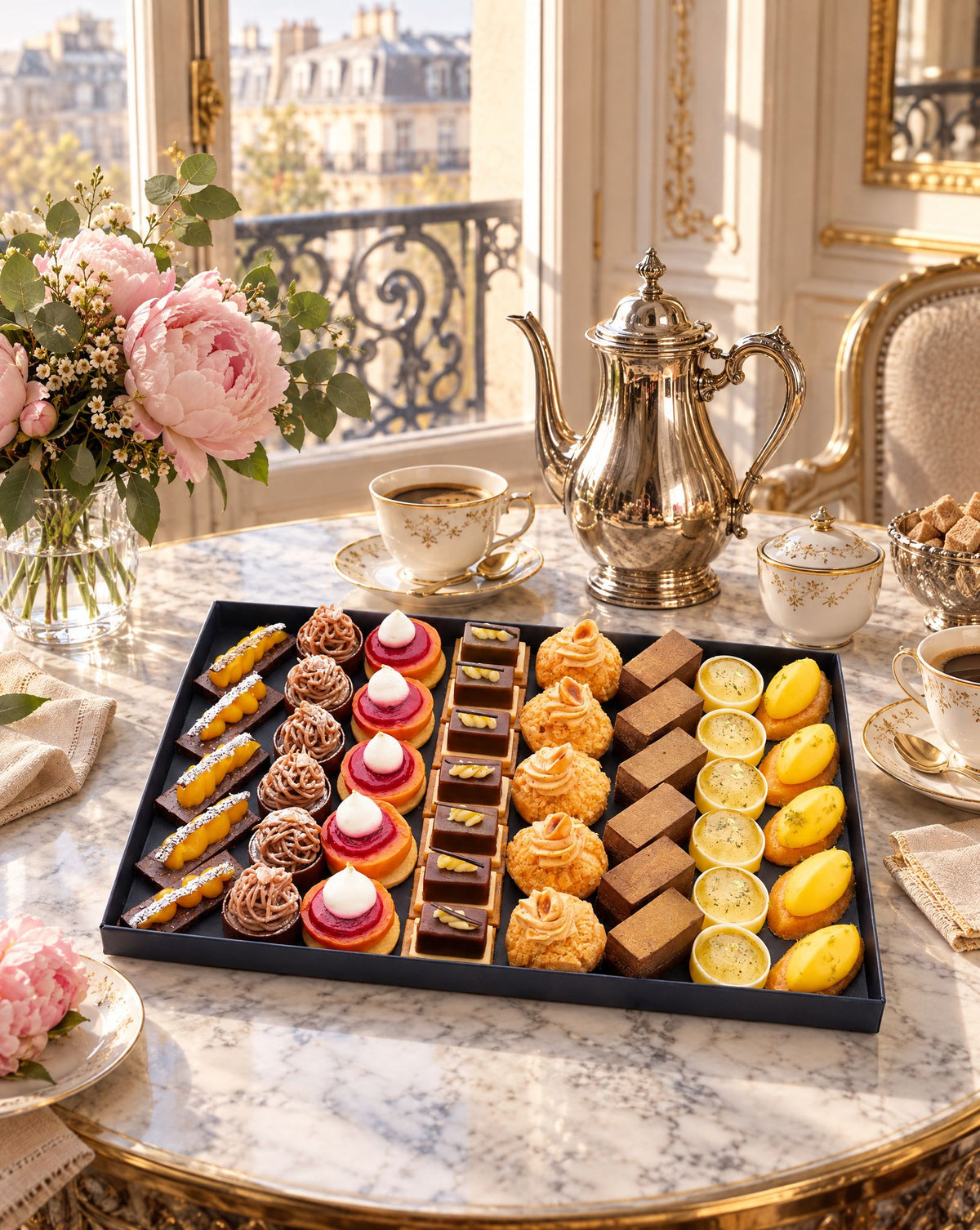 Sweet Notre Dame petit four platter by a Parisian apartment window