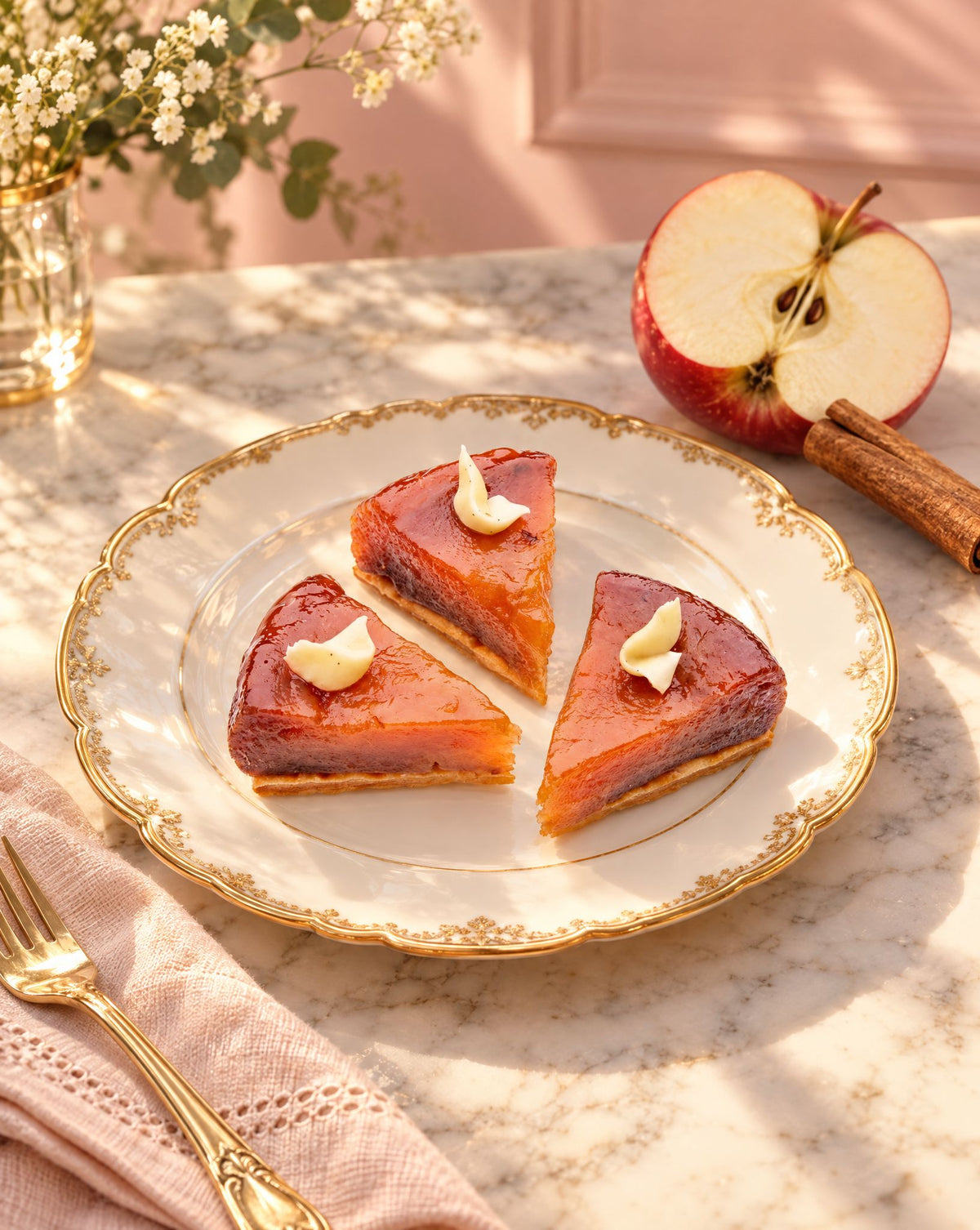 Mini tarte tatin petit fours on a gold-rimmed plate with a fresh apple