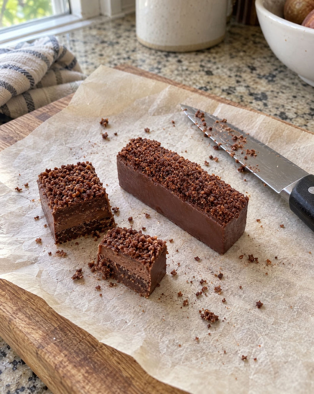 Chocolate finger pastries cut on a kitchen counter