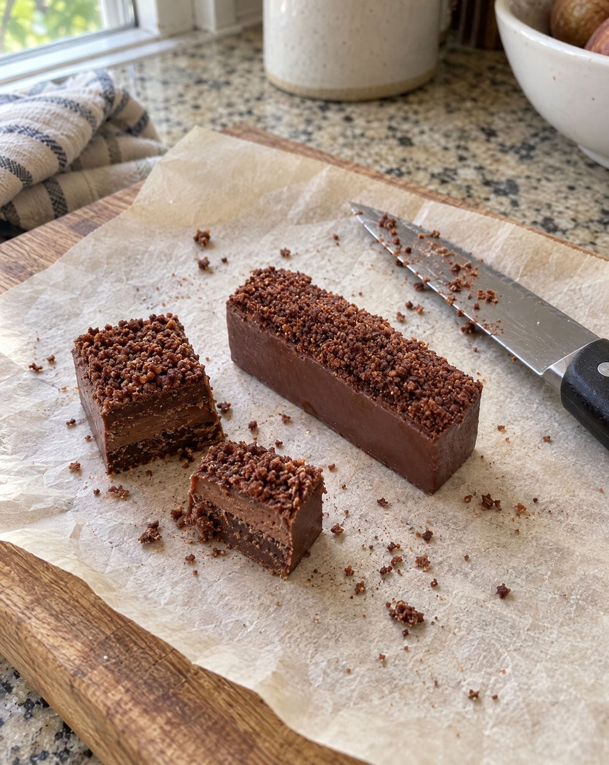 Chocolate finger pastries cut on a kitchen counter