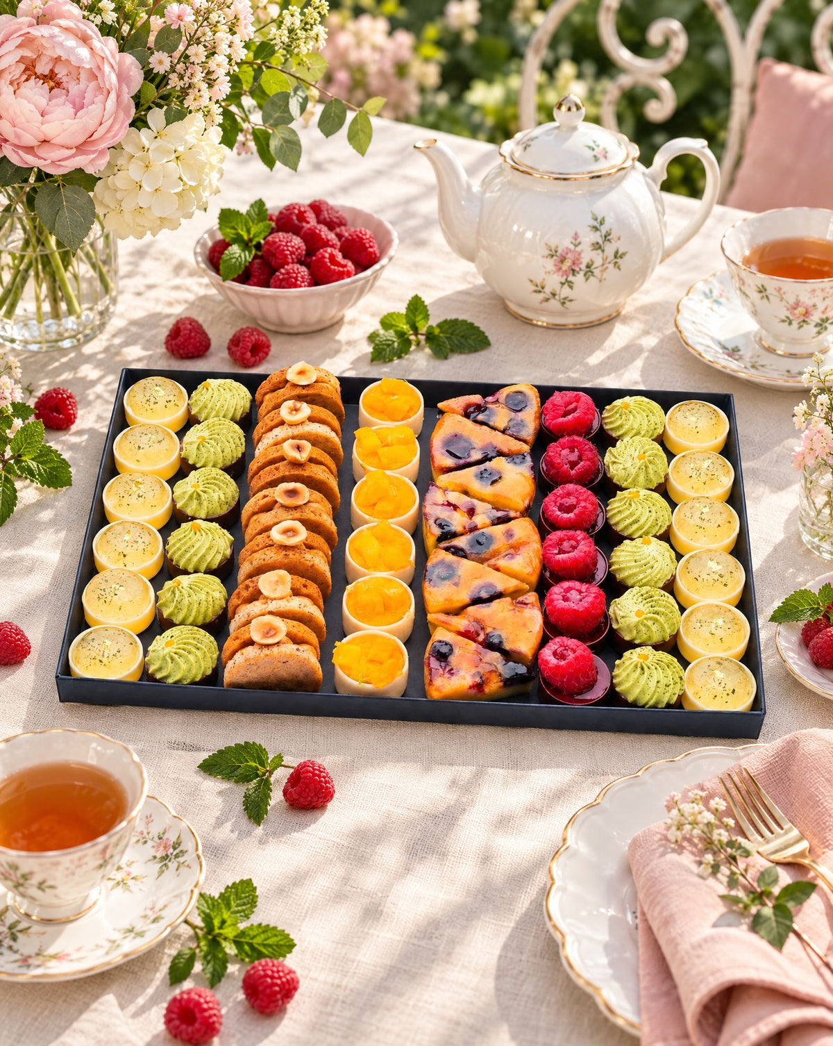 Sweet gluten free petit four platter on a garden brunch table with raspberries