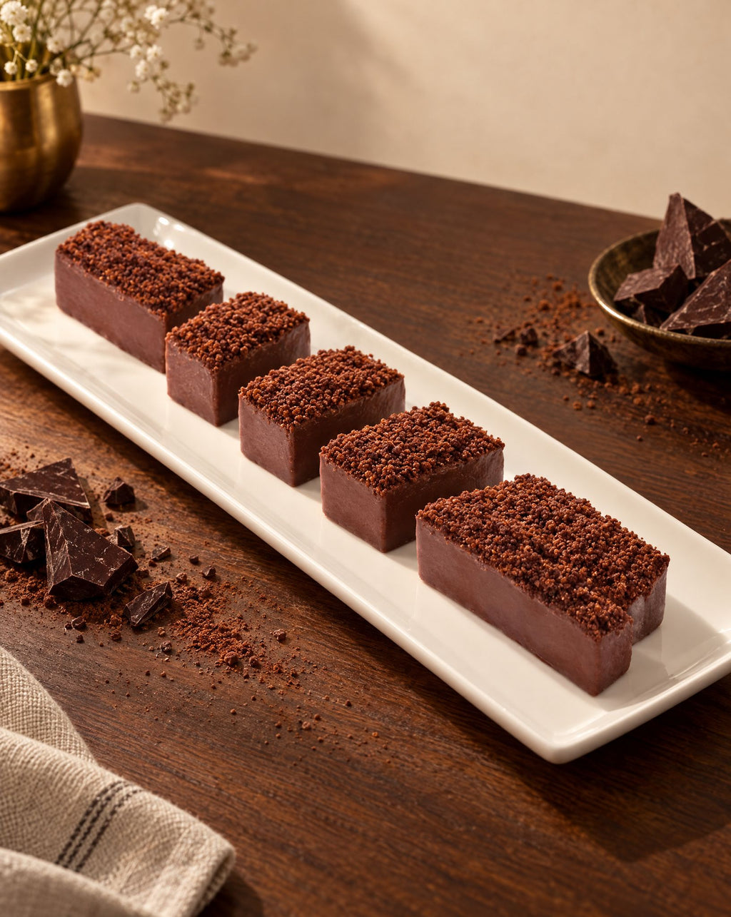 Finger chocolate explosion pastries on a long serving plate with dark chocolate shards
