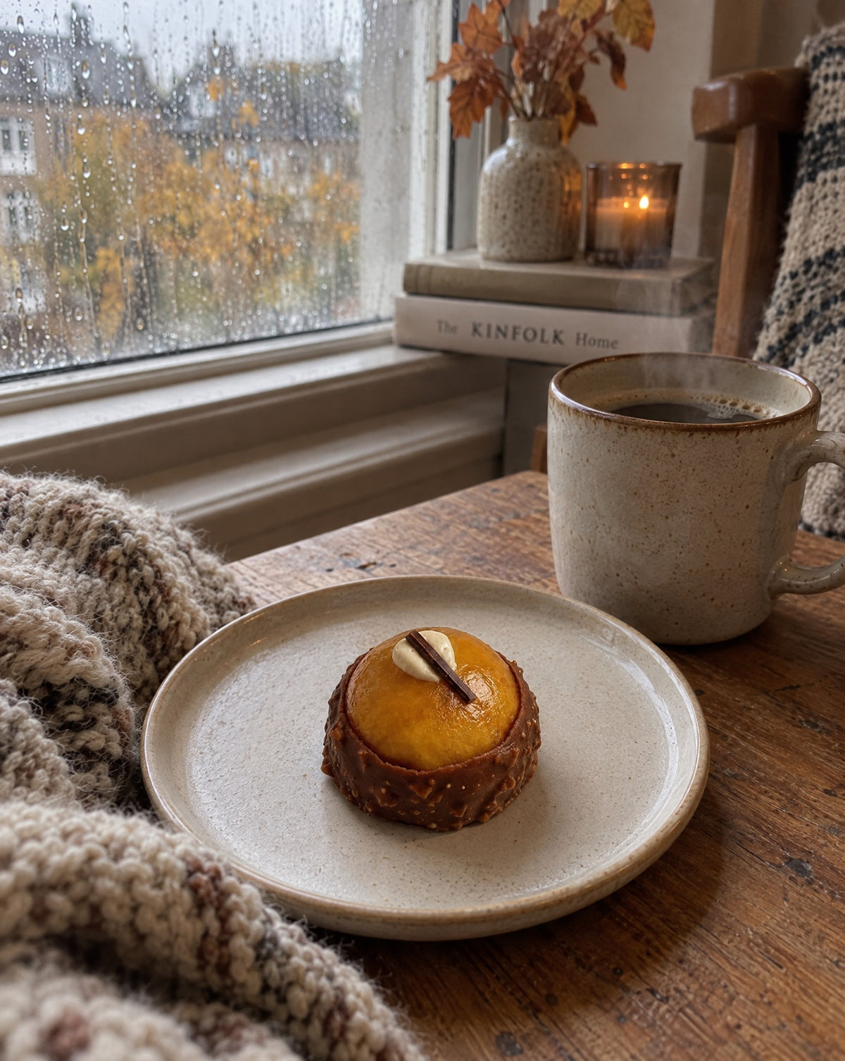 Pear caramel pastry with coffee on an autumn afternoon