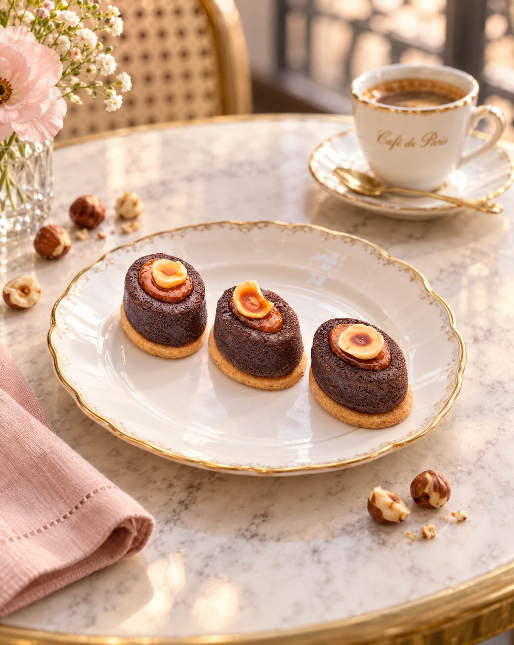 Chocolate hazelnut fondant petit fours on a gold-rimmed plate on a Parisian marble café table