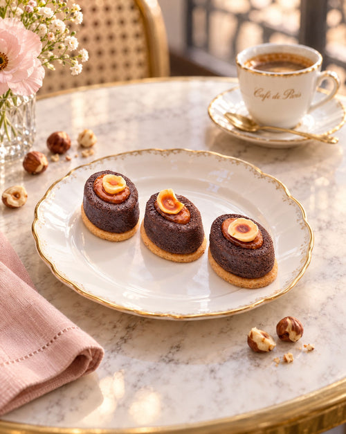 Chocolate hazelnut fondant petit fours on a gold-rimmed plate on a Parisian marble café table