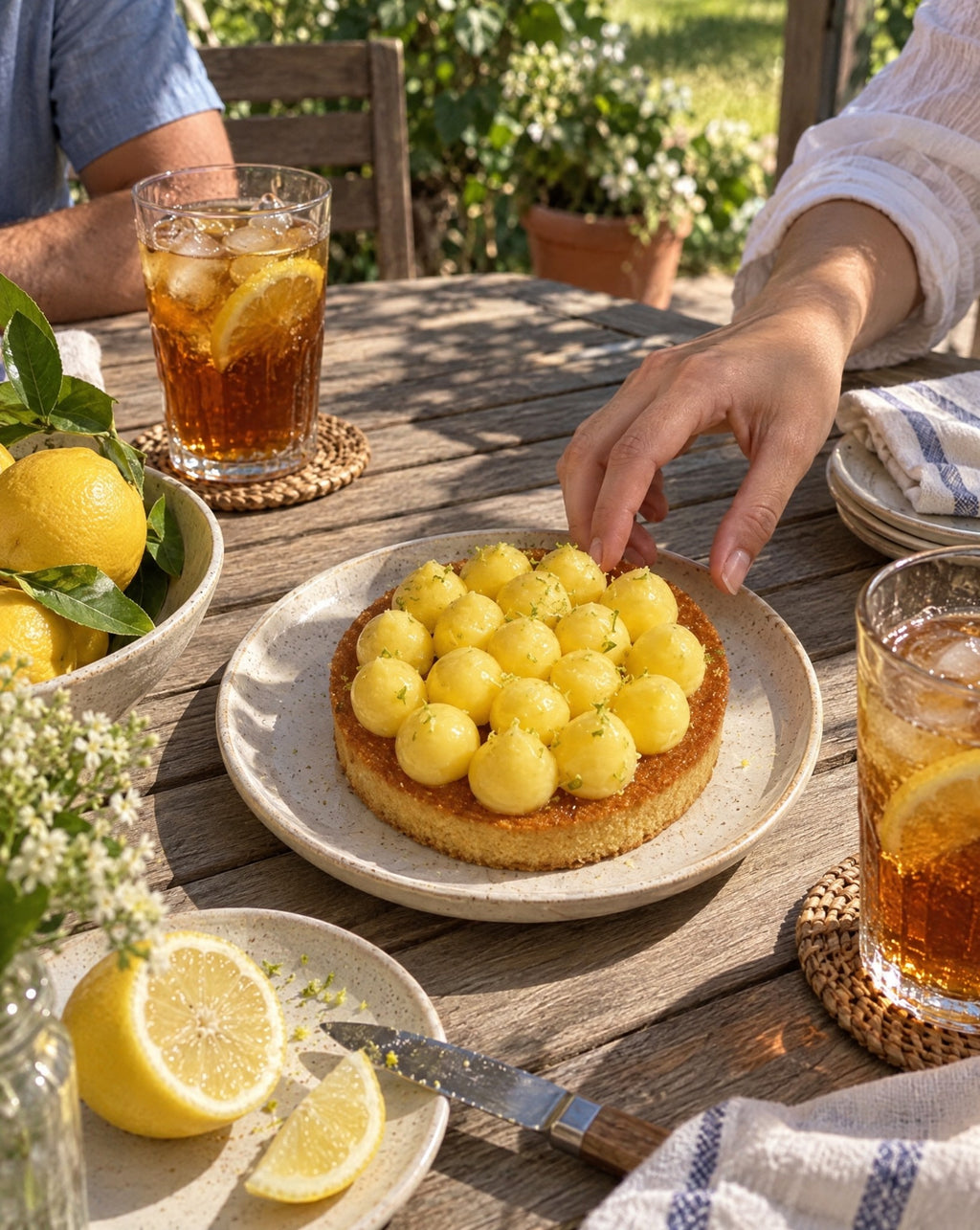 Lemon curd tartlets on a sunny patio